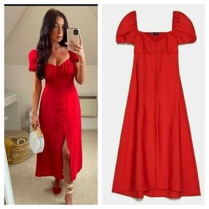 Zara Red Short Puff Sleeve Button Down Midi Dress Blogger Fave